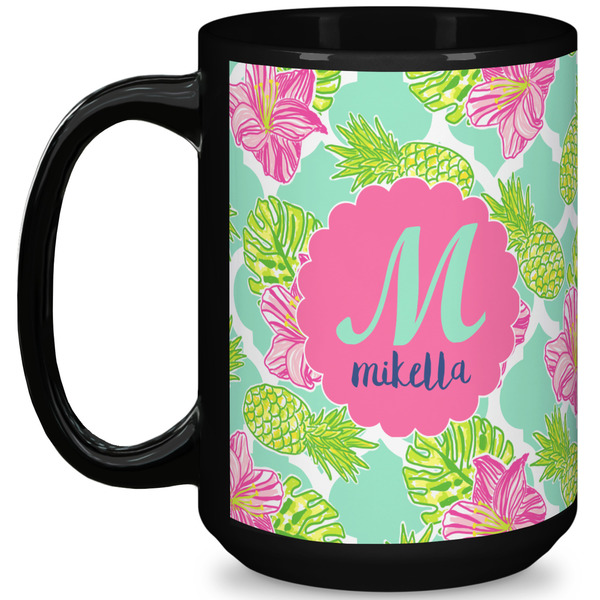 Custom Preppy Hibiscus 15 Oz Coffee Mug - Black (Personalized)