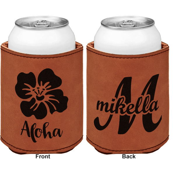 Preppy Hibiscus Cognac Leatherette Can Sleeve - Double Sided Front and Back