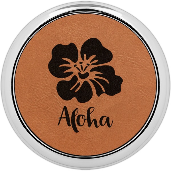 Custom Preppy Hibiscus Set of 4 Leatherette Round Coasters w/ Silver Edge (Personalized)
