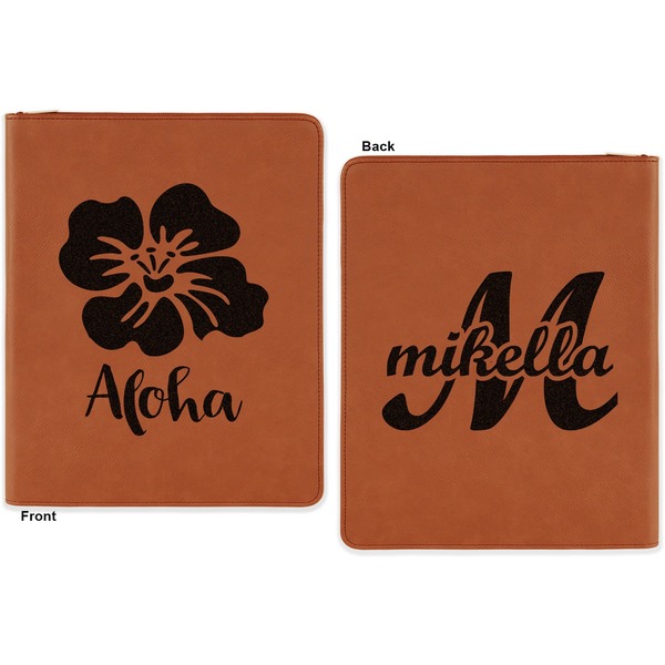 Preppy Hibiscus Cognac Leatherette Zipper Portfolios with Notepad - Double Sided - Apvl