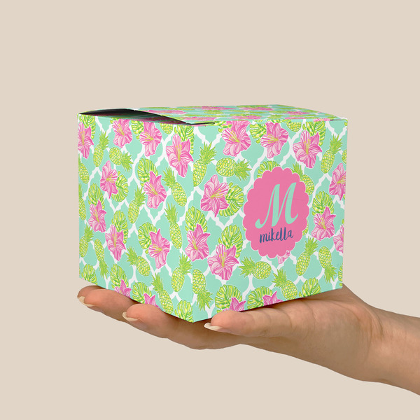 Preppy Hibiscus Cube Favor Gift Box - On Hand - Scale View