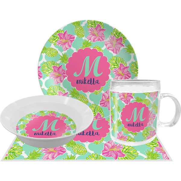 Custom Preppy Hibiscus Dinner Set - Single 4 Pc Setting w/ Name and Initial