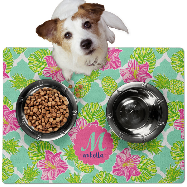 Custom Preppy Hibiscus Dog Food Mat - Medium w/ Name and Initial