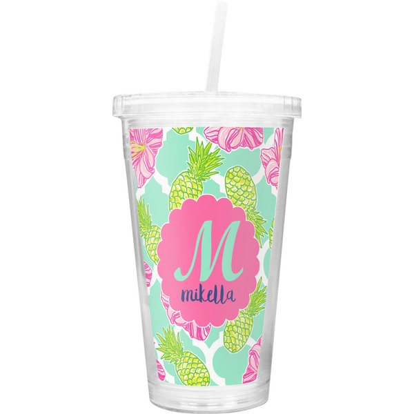 Custom Preppy Hibiscus Double Wall Tumbler with Straw (Personalized)