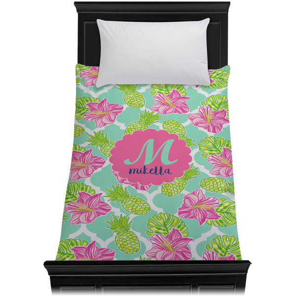 Preppy Hibiscus Duvet Cover - Twin - On Bed - No Prop