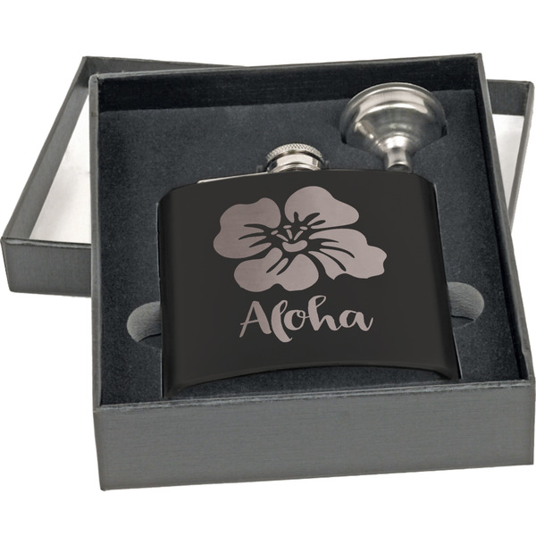 Preppy Hibiscus Engraved Black Flask Gift Set