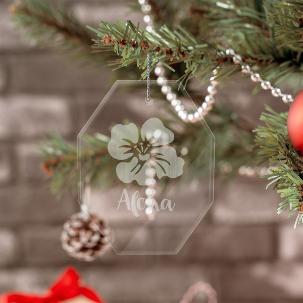 Preppy Hibiscus Engraved Glass Ornaments - Octagon (Lifestyle)