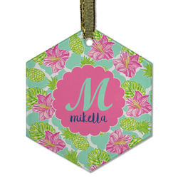 Preppy Hibiscus Flat Glass Ornament - Hexagon w/ Name and Initial