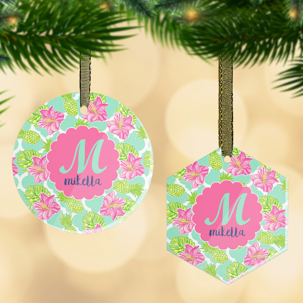 Custom Preppy Hibiscus Flat Glass Ornament w/ Name and Initial
