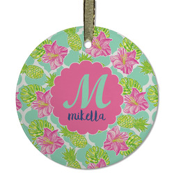 Preppy Hibiscus Flat Glass Ornament - Round w/ Name and Initial