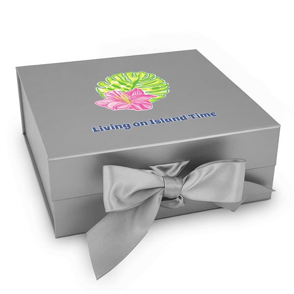 Custom Preppy Hibiscus Gift Box with Magnetic Lid - Silver (Personalized)
