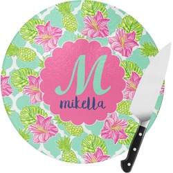 Preppy Hibiscus Round Glass Cutting Board (Personalized)