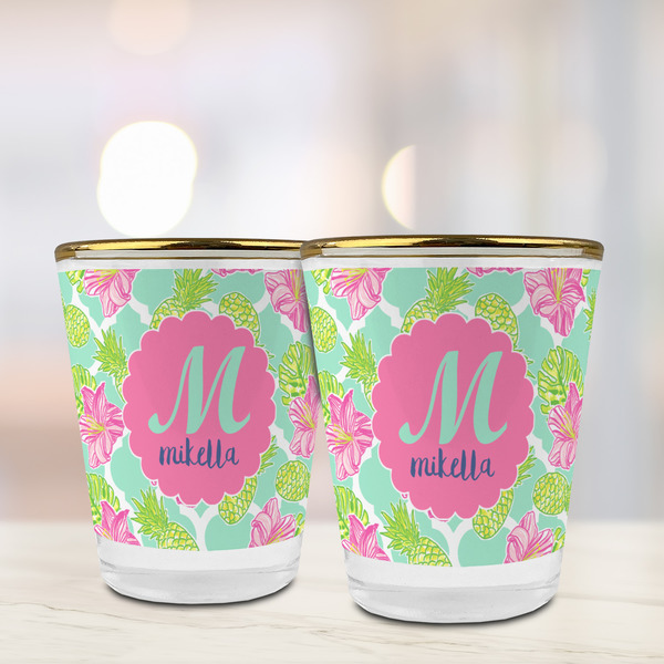 Preppy Hibiscus Glass Shot Glass - with gold rim - LIFESTYLE