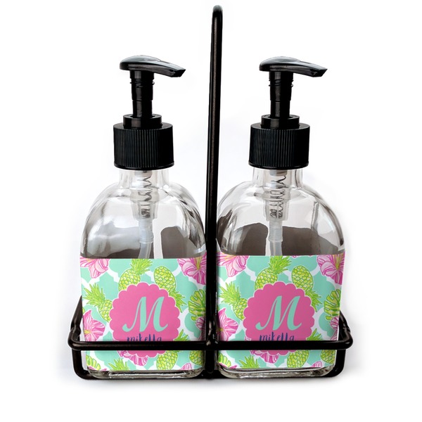 Custom Preppy Hibiscus Glass Soap & Lotion Bottle Set (Personalized)