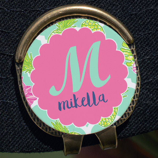 Preppy Hibiscus Golf Ball Marker Hat Clip - Gold - Close Up