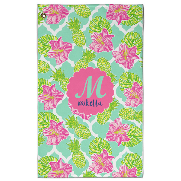 Custom Preppy Hibiscus Golf Towel - Poly-Cotton Blend - Large w/ Name and Initial