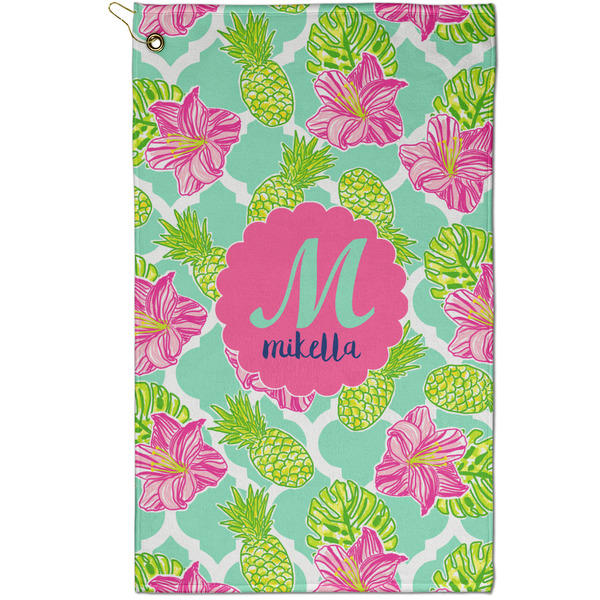 Custom Preppy Hibiscus Golf Towel - Poly-Cotton Blend - Small w/ Name and Initial