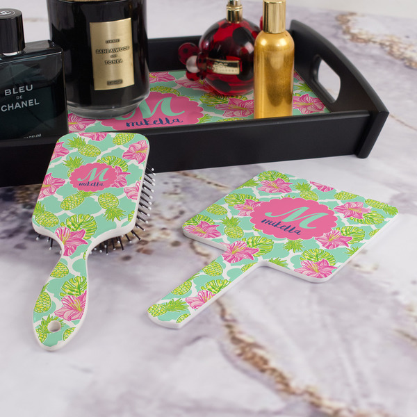 Preppy Hibiscus Hair Brush and Hand Mirror - Bathroom Scene