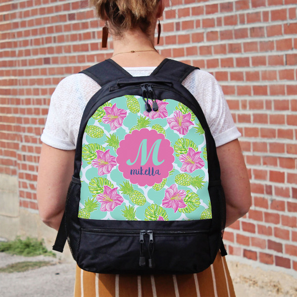 Preppy Hibiscus Large Backpack - Black - On Back
