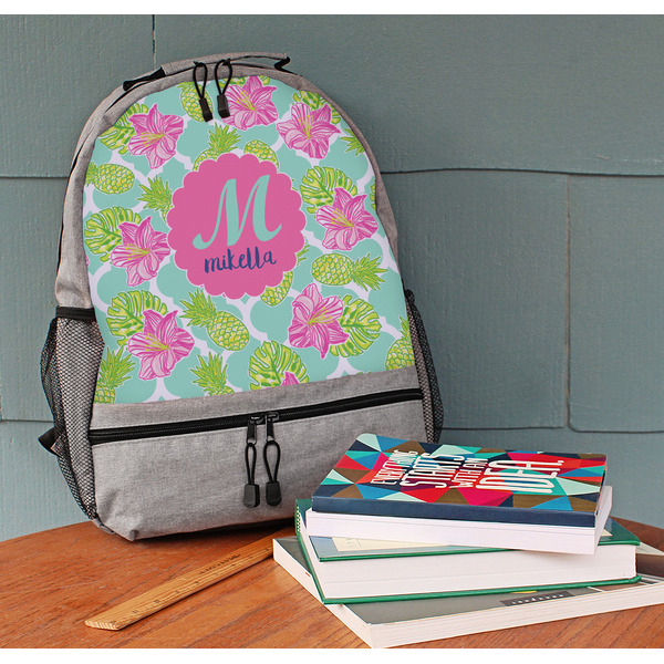Preppy Hibiscus Large Backpack - Gray - On Desk