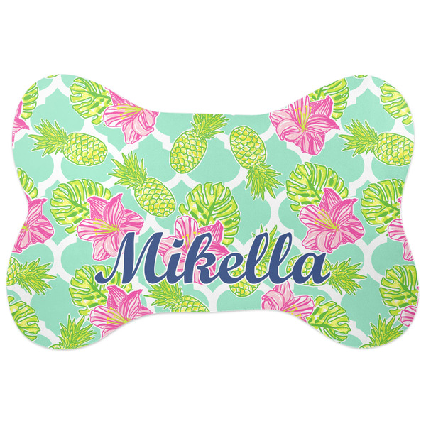 Custom Preppy Hibiscus Bone Shaped Dog Food Mat (Large) (Personalized)