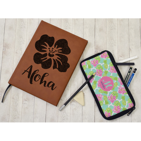 Preppy Hibiscus Leather Sketchbook - Large - Single Sided - In Context