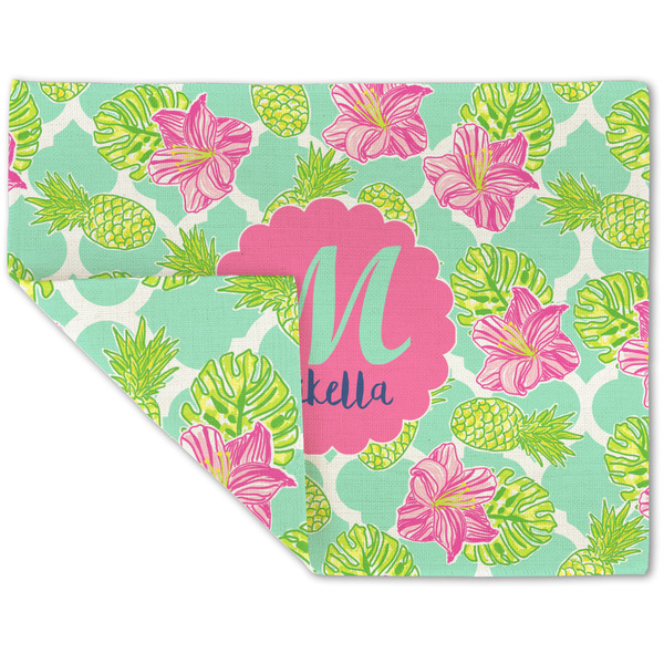 Custom Preppy Hibiscus Double-Sided Linen Placemat - Single w/ Name and Initial