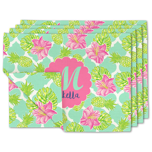 Custom Preppy Hibiscus Double-Sided Linen Placemat - Set of 4 w/ Name and Initial