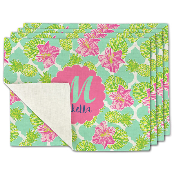 Custom Preppy Hibiscus Single-Sided Linen Placemat - Set of 4 w/ Name and Initial