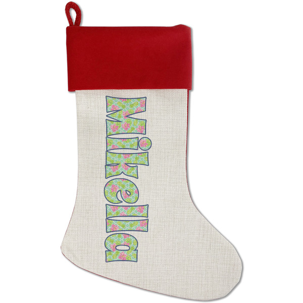 Custom Preppy Hibiscus Red Linen Stocking (Personalized)