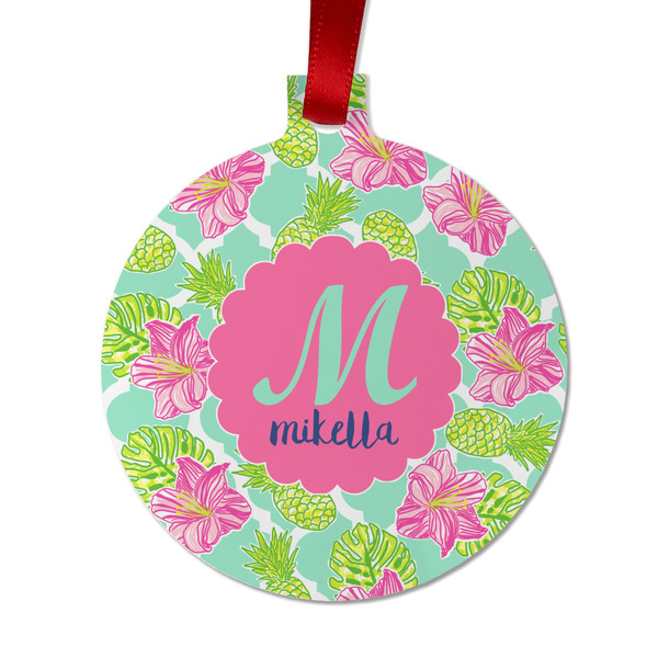 Custom Preppy Hibiscus Metal Ball Ornament - Double Sided w/ Name and Initial