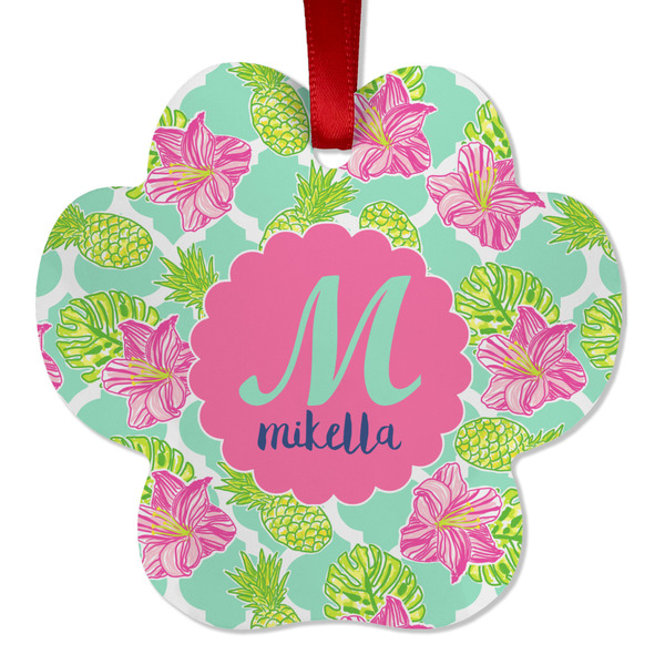 Custom Preppy Hibiscus Metal Paw Ornament - Double Sided w/ Name and Initial