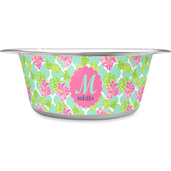 Custom Preppy Hibiscus Stainless Steel Dog Bowl - Large (Personalized)