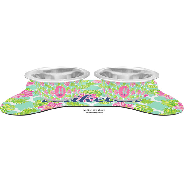 Preppy Hibiscus Metal Pet Bowls - On Dog Bone Shaped Mat