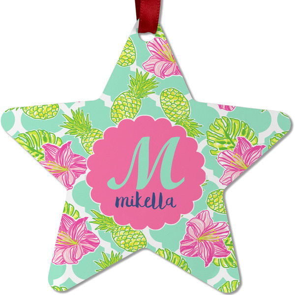 Custom Preppy Hibiscus Metal Star Ornament - Double Sided w/ Name and Initial