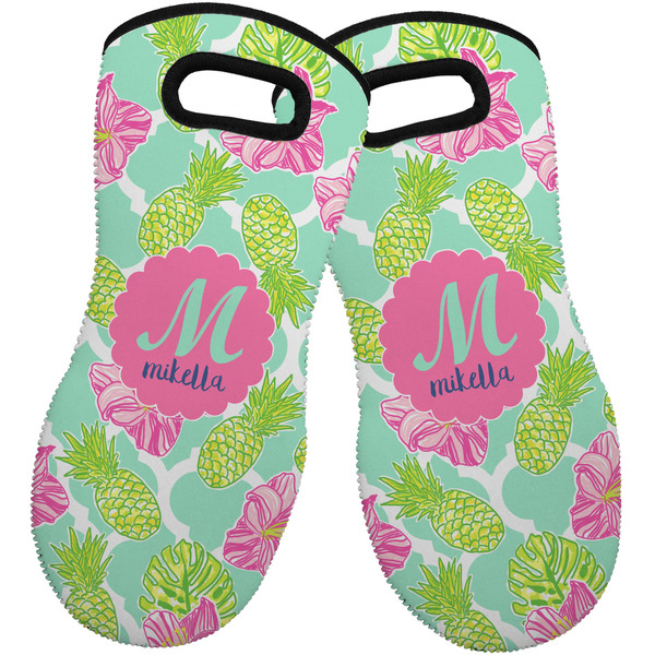 Custom Preppy Hibiscus Neoprene Oven Mitts - Set of 2 w/ Name and Initial