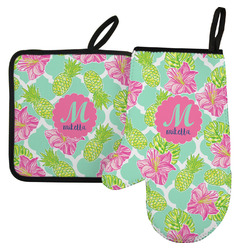 Preppy Hibiscus Left Oven Mitt & Pot Holder Set w/ Name and Initial