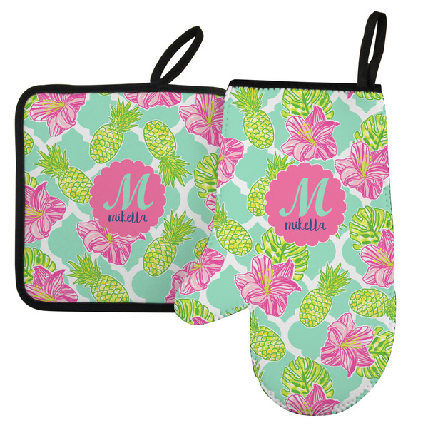 Custom Preppy Hibiscus Left Oven Mitt & Pot Holder Set w/ Name and Initial