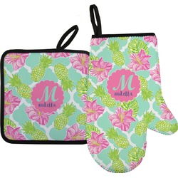 Preppy Hibiscus Oven Mitt & Pot Holder Set w/ Name and Initial
