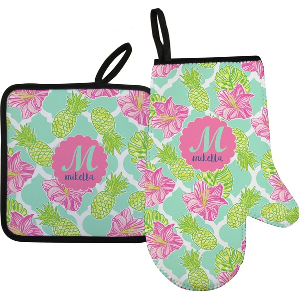 Custom Preppy Hibiscus Right Oven Mitt & Pot Holder Set w/ Name and Initial