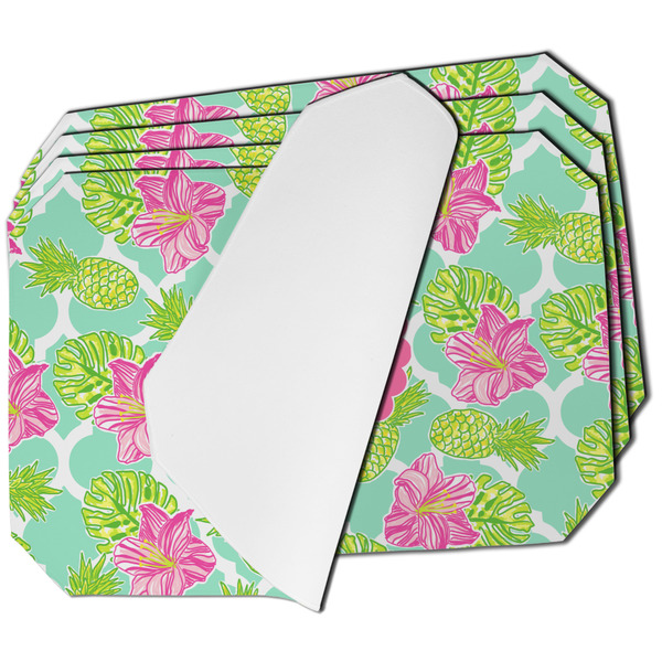Custom Preppy Hibiscus Dining Table Mat - Octagon - Set of 4 (Single-Sided) w/ Name and Initial