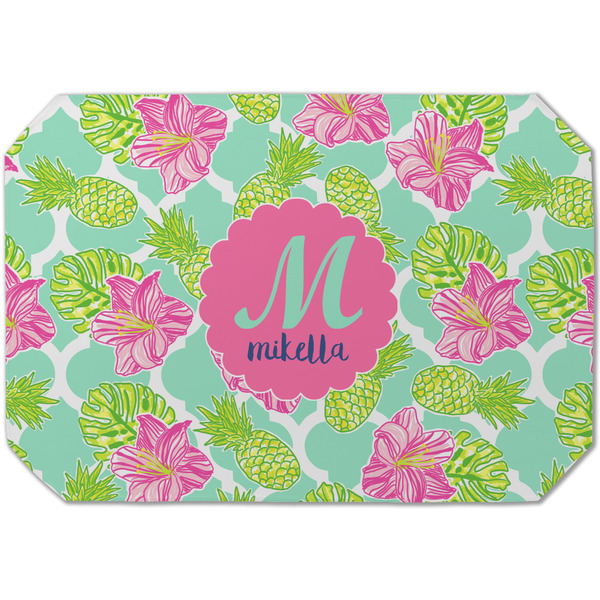Custom Preppy Hibiscus Dining Table Mat - Octagon (Single-Sided) w/ Name and Initial