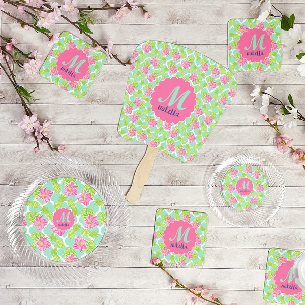 Preppy Hibiscus Party Supplies Combination Image - All items - Plates, Coasters, Fans
