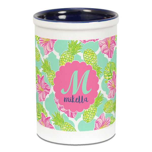 Custom Preppy Hibiscus Ceramic Pencil Holders - Blue