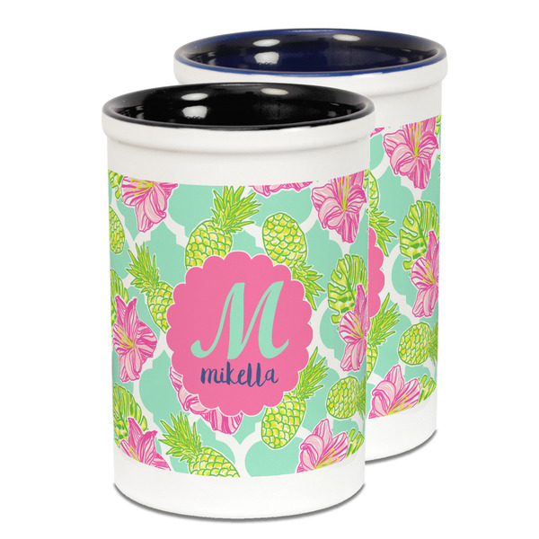 Custom Preppy Hibiscus Ceramic Pencil Holder - Large