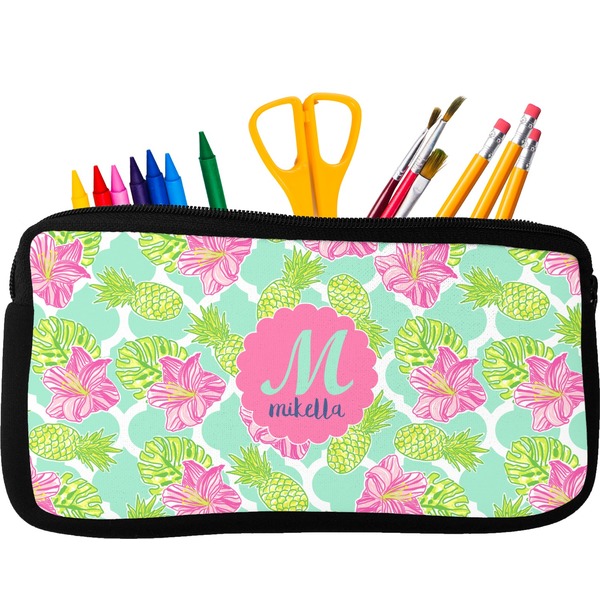 Custom Preppy Hibiscus Neoprene Pencil Case - Small w/ Name and Initial
