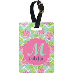 Preppy Hibiscus Plastic Luggage Tag - Rectangular w/ Name and Initial