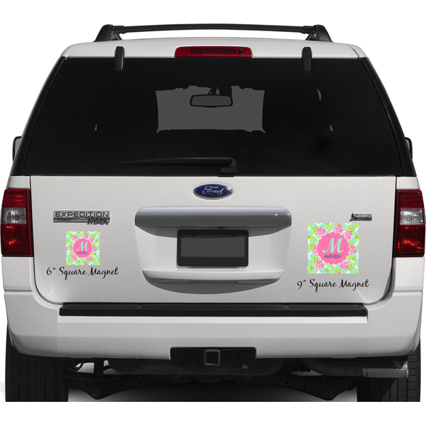 Preppy Hibiscus Personalized Square Car Magnets on Ford Explorer