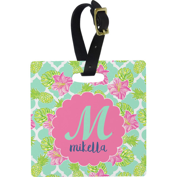 Custom Preppy Hibiscus Plastic Luggage Tag - Square w/ Name and Initial