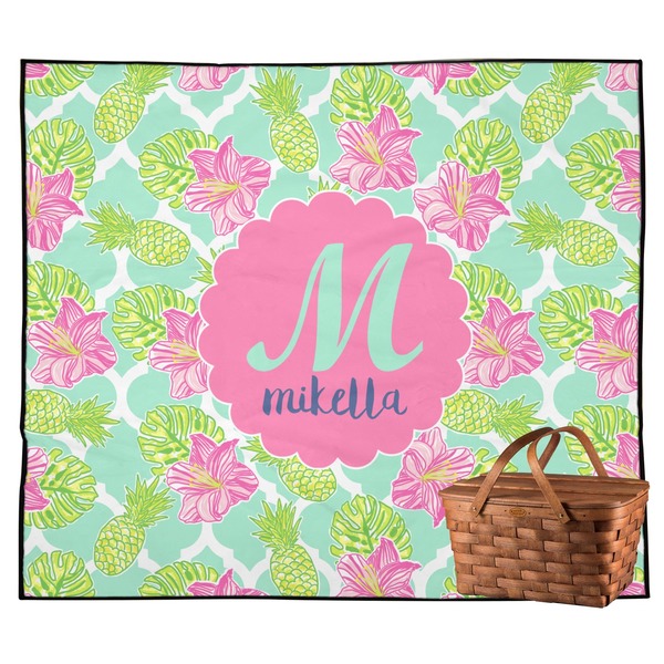 Custom Preppy Hibiscus Outdoor Picnic Blanket (Personalized)